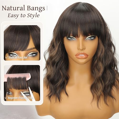 Image of Nnzes Wig with Bangs for Women Shoulder Length Bob Wavy Women's Charming Synthetic Brown mixed Blonde Highlight Wigs with Natural Curly Heat Resistant Hair for Daily Party Use