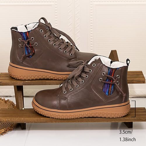 Womens Leather Lace Up Side Zipper High-Top Ankle Boots Retro Round Toe Platform Fashion Combat Booties Women's Casual Comfortable Flat Sneakers Outdoor Non-Slip Hiking Walking Shoes 5