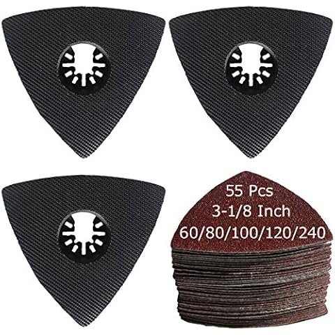XXGO 58 Pcs 3-1/8" Triangular Multitool Sanding Pads Kits Include 55 Pcs Triangular Sandpaper and 3 Pcs Triangular Pads XGM0317 Cover