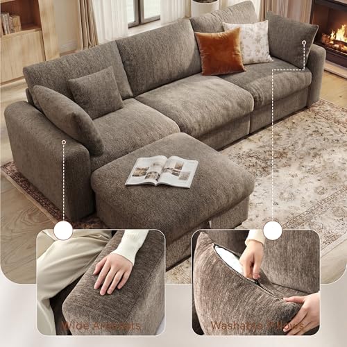 Image of Ihanherry Cloud Sectional Couches for Living Room, 110 inch Large Modular Sectional Sofa with Wide Deep Seat, L Shaped Couch with Throw Pillow and Storage Ottoman, Brown