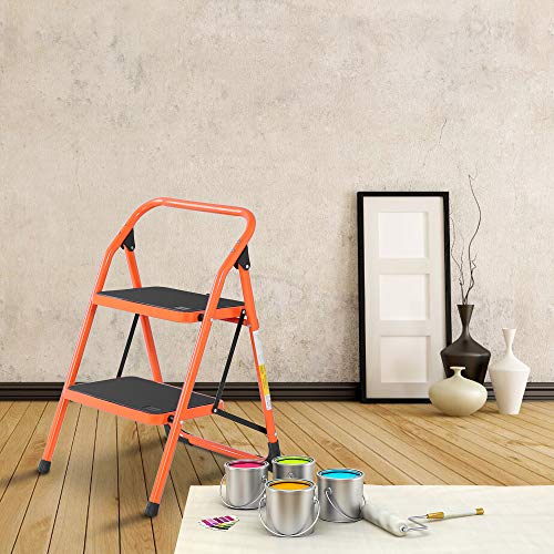 LUISLADDERS Step Ladder 2 Step Stool Fold Sturdy Steel Ladder 330lbs EN131 Portable Anti-Slip and Wide Pedal Ladder Multi-Use for Home,Garden and Office