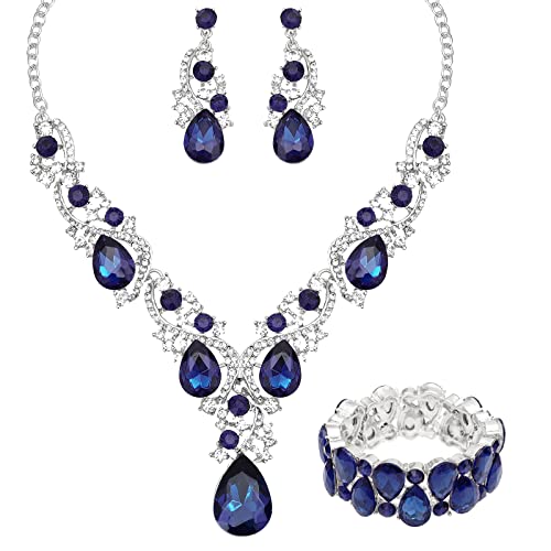 CSY Women's Elegant Bridal Necklace Earrings Stretch Bangle Bracelsts Set for Bride Bridesmaid Wedding Teardrop Crystal Costume Jewelry Sets