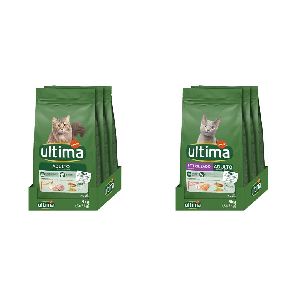 Ultima Pienso para Gatos Adultos con Pollo - 3 x 3kg: Total 9kg & Pienso para Gatos Esterilizados con Salmon - 3 x 3kg: Total 9kg