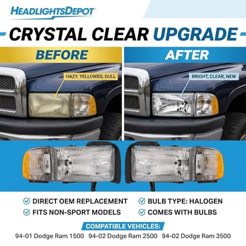 HEADLIGHTSDEPOT Chrome Halogen Headlights Dodge