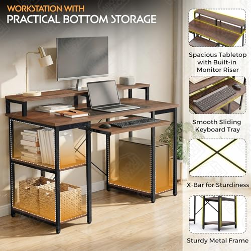 Image of ABOUT SPACE Study Table with Monitor Stand, Keyboard Tray & Bottom Storage - 25mm Metal Frame Gaming Table - Office Desk for Laptop, PC-Engineering Wood Computer Table(Walnut - L121.5 x B60.5 x H87cm)