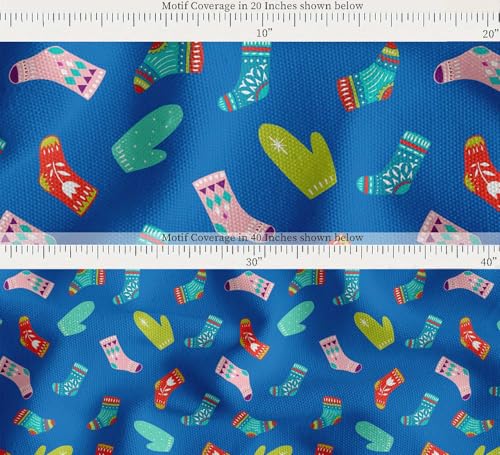 Image of Soimoi Blue Cotton Canvas Fabric Socks & Gloves Folk Art Printed Craft Fabric by the Meter 56 Inch Wide