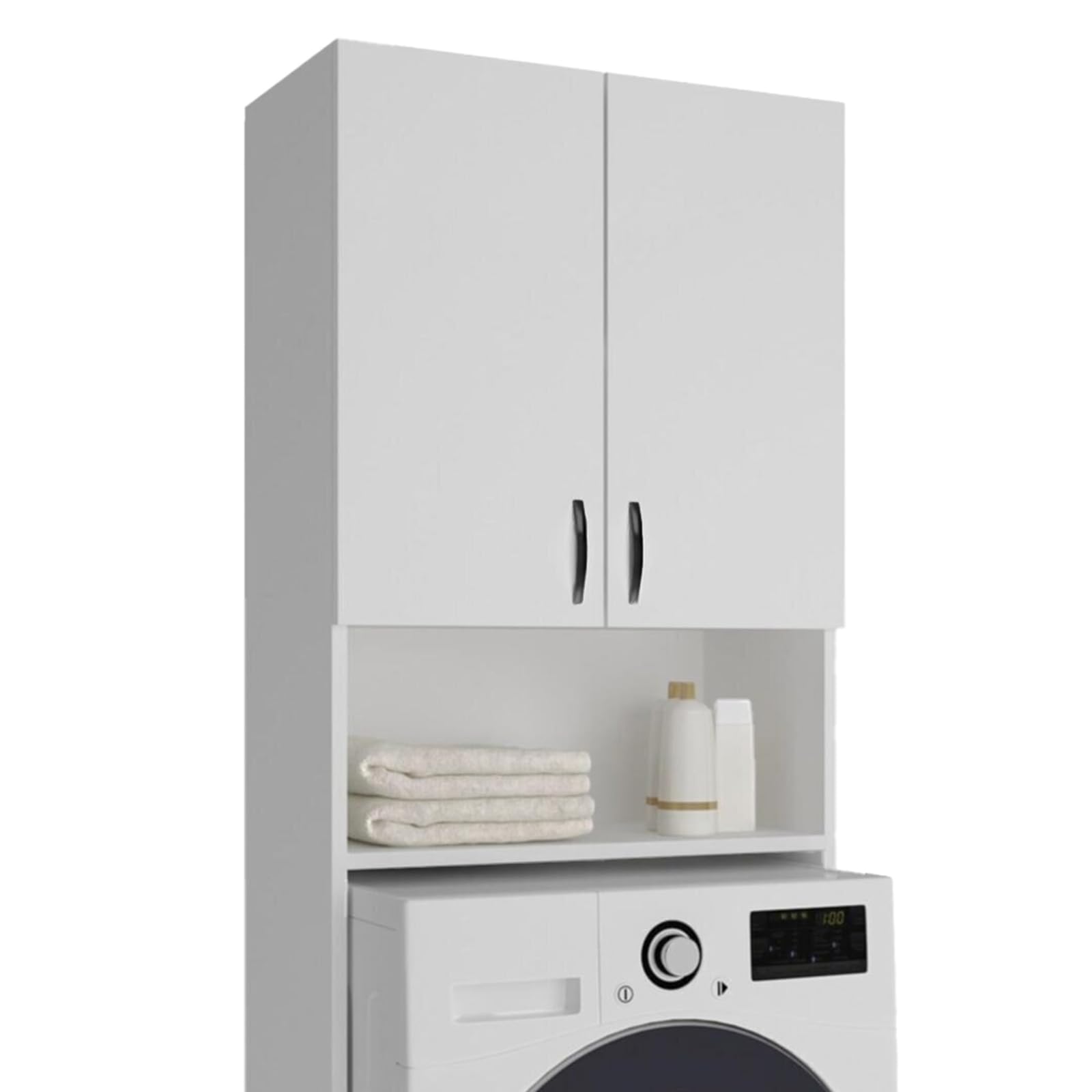 Armario Multiusos Atenas 182 de 65x32x182 cm Fabricado en MDF y Melamina | Mueble Alto para Lavadora | Estantería Organizador de Baño | Almacenamiento con Estantes | Blanco