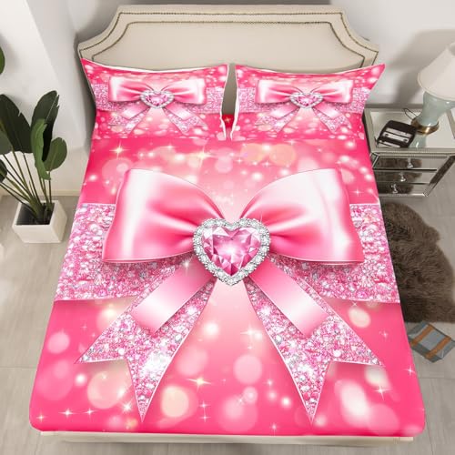 Pink Bowknot Full Size Fitted Sheet,Dreamy Bow Tie Princess Style 3 Pieces Kids Teenager Room Decor Love Heart Pink Sliver Diamond Starry Sequins Glitter Pocket 2 Pillowcases