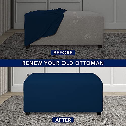 Image of PureFit Stretch Rectangle Ottoman Cover Footstool Cover, Navy | Fleece Soft Form Fit Ottoman Slipcovers Rectangle Slipcover for Folding Storage with Nonslip Elastic Bottom