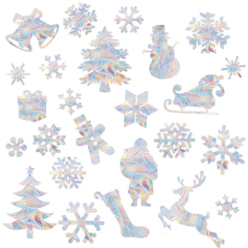 Image of 63 PCS Christmas Snowflake Window Clings - Holographic Rainbow Effect Christmas Window Decals, Double-Sided Reusable Static Stickers for Glass Windows, Mirrors & Holiday Decorations (No Glue Needed)