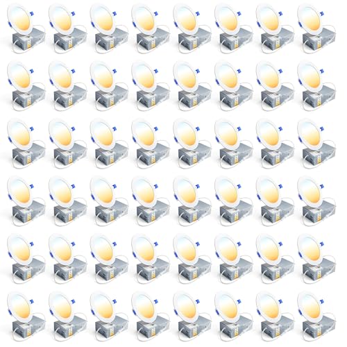 Ensenior 48 Pack 4 Inch LED Recessed Light Dimmable 2700K-5000K 5CCT 750LM High Brightness 9W 120V Damp Rated Ultra-Thin Canless Wafer Ceiling Light - ETL & FCC & IC