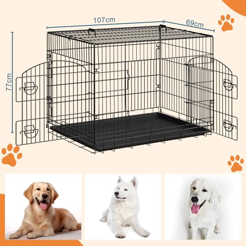 EUGAD Hundekäfig Faltbar, Hundekäfig aus Metalldraht mit ausziehbare Bodenschale, 2 Türen Hundebox für zuhause,108x76x69cmTransportkäfig Auto, Hundetransportbox Drahtkäfig für Hunde Welpe