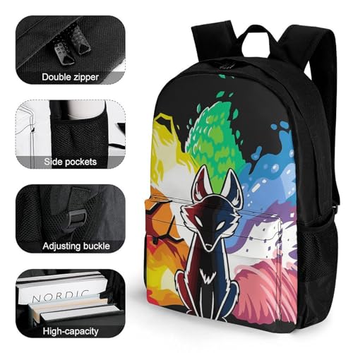 Polyester Daypack for Camping Travel Walking Cycling - Big Capacity Anti-Theft Multipurpose Bookbag, Elemental Fox Kitsune Colorful Lighting Art Camping Outdoor Backpack3