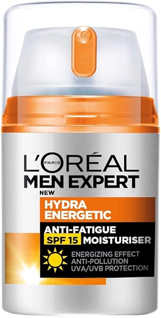 LOréal Paris Daily Moisturiser for Men, With SPF 15, Vitamin C & Guarana, Hydrating Anti-Fatigue Formula for Tired Skin, Men Expert, 50 ml