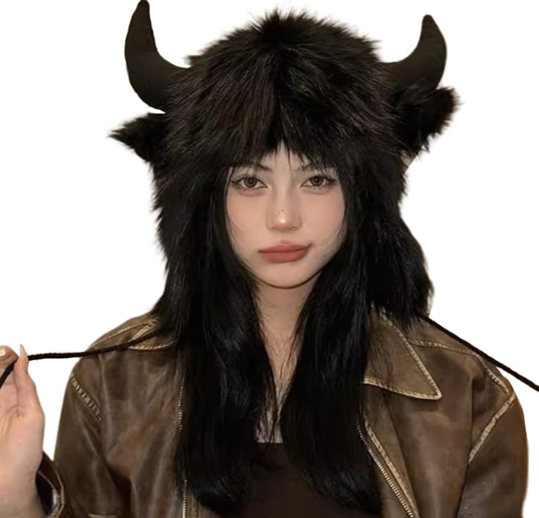 JNGUOSICN Faux Fur Horn Hat with Ear Flaps Plush Furry Cow Horn Hats Winter Ear Flaps Trapper Hat for Men Women Novelty Devil Cow Horns Hats for Halloween Christmas