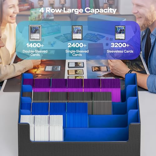 Image of UAONO Trading Card Storage Box, Holds 2400 Sleeved Cards with 24 Dividers & 4 Stoppers, Magnetic Closure PU Leather Card Case for MTG, PTCG, YGO, Sports Cards (Black&Blue)