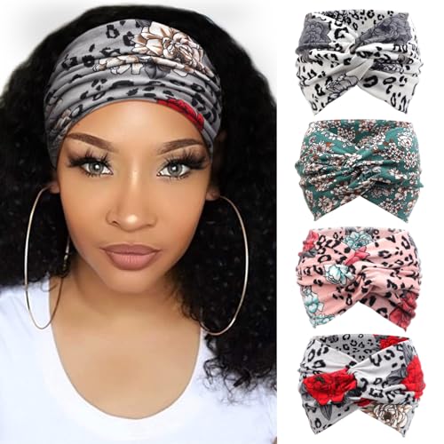 Image of DRESHOW 4 Pack Turban Headbands for Women Wide Vintage Head Wraps Knotted Cute Hair Band Accessories