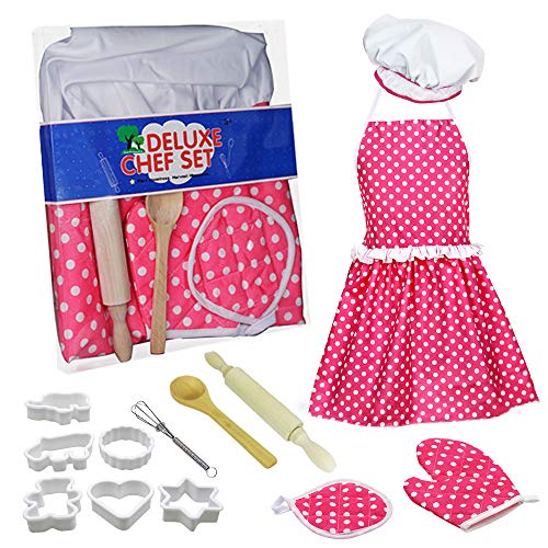 Tiaoyeer Kids Cooking and Baking Set - 13 Pcs Kids Chef Dress Up Role Play Toys, Includes Apron, Chef Hat, Oven Mitt, Wooden Spoon, Cookie Cutters, Silicone Cupcake Moulds for Little Girls Gift (Pink)