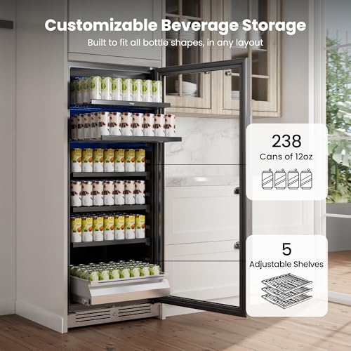 Image of Yeego 24 Inch Beverage Refrigerator, 238 Can Built-In Beverage Cooler with Glass Door & Door Lock, Freestanding Drink Fridge with Digital Temperature Control for Soda, Beer & Wine, Kitchen or Home Bar
