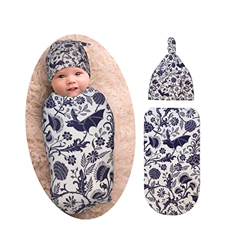 Image of Belinyo Newborn Baby Swaddle Set Bats Flower Infant Receiving Blanket with Beanie Hat, Baby Photography, One Size