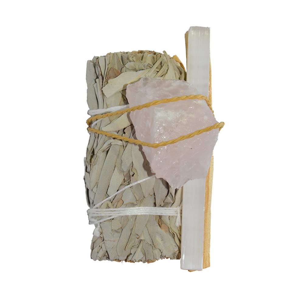 Crystalfluent White Nw Sage Smudge Kit With Palo Santo, Selenite Healing Crystal For Cleansing, Energy Clearing, Spiritual Cleansing (Rose Quartz Kit)