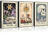 3Pcs Tarot Card Wall Art Sun Moon Star Picture Vintage Boho Celestial Canvas Posters Print Skull Book Floral Mystical Astrology Artwork Wall Decor for Living Room Bedroom 12x16in Unframed