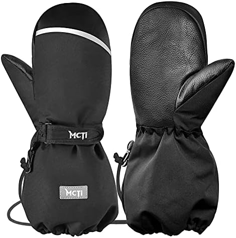 MCTi Kids Mittens Waterproof Winter Ski Warm Sherpa Lined Long Cuff with String Black XXS