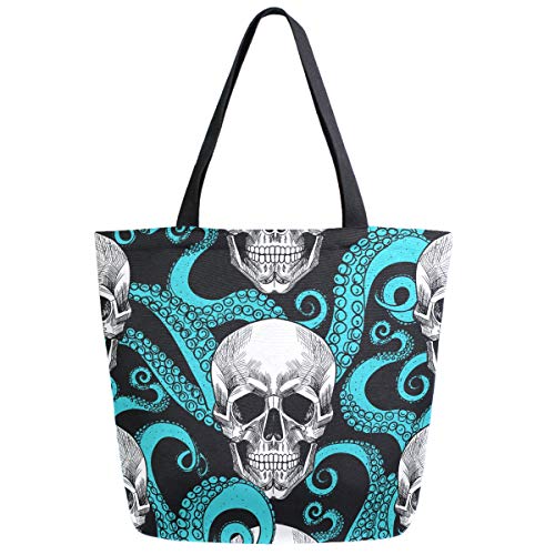 Stylish Octopus Tentacles Skulls Pattern Extra Large Canvas Beach Travel Reusable Grocery Shopping Tote Bag Portable Storage Han