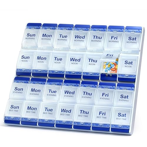 7 Day Pill Organizer 4 Times a Day Push Button Pill Box with Large Compartments Easy Open for Seniors & Arthritis Compact Spill-Proof Perfect for Home & Travel
