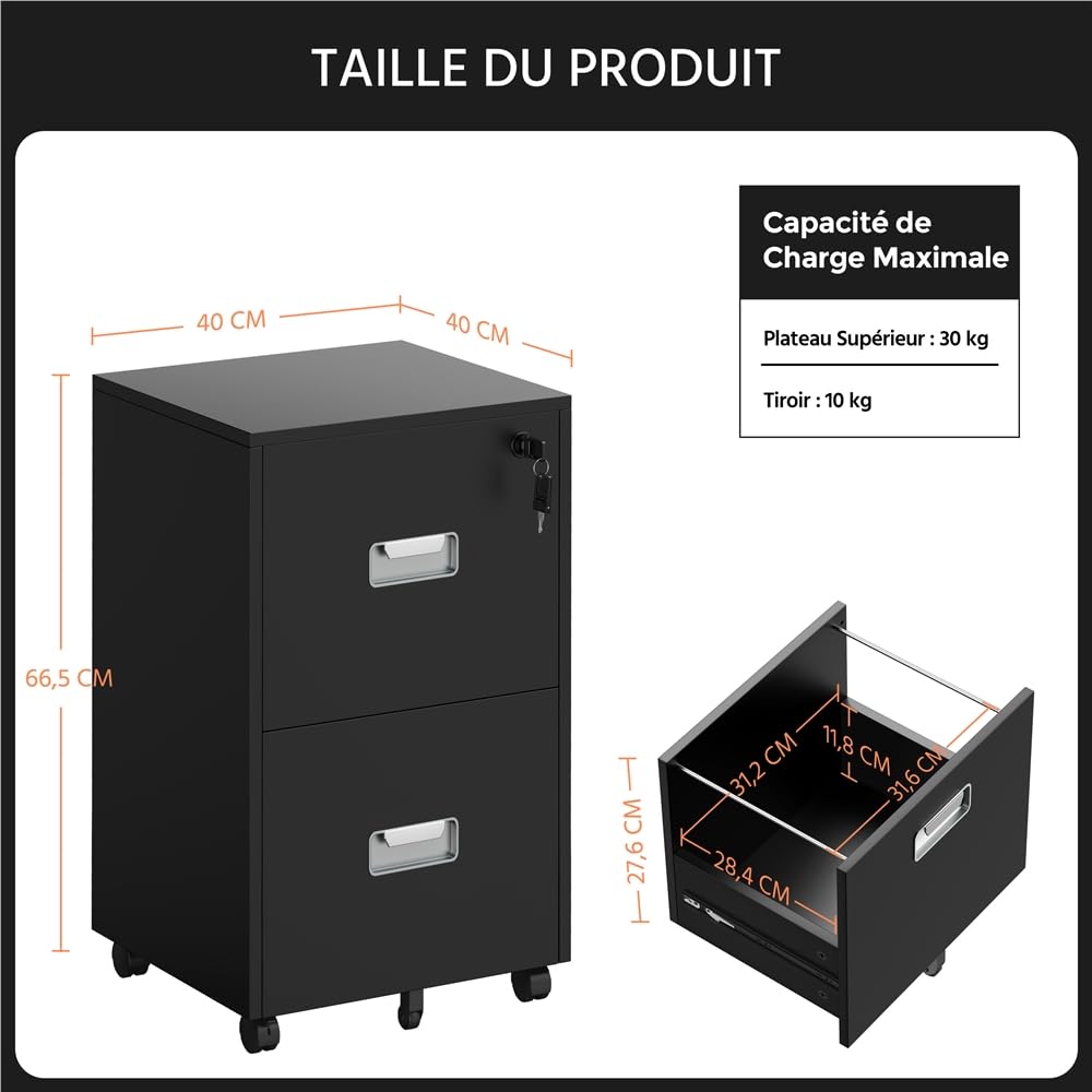 Yaheetech Caisson Bureau avec 2 Tiroirs?Rangement Document à roulettes?Classeur à Fichiers pour Format A4/ Lettre Style Industriel, 40 cm L × 40 cm l × 66,5 cm (Noir)