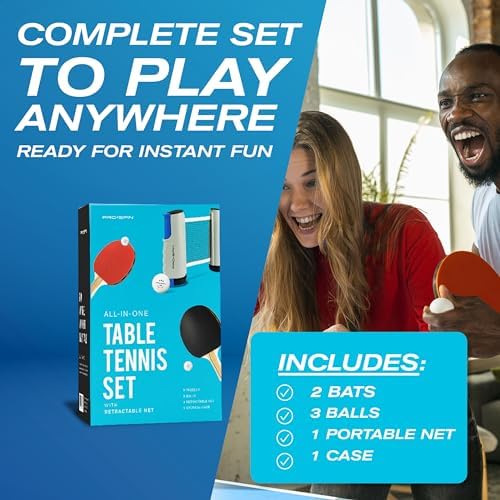 PRO-SPIN Portable Ping Pong Set with Retractable Ping Pong Net for Any Table, All-in-One Table Tennis Set with Ping Pong Paddles, Balls & Case, Tabletop Family Game (Red, 2-Player Set)