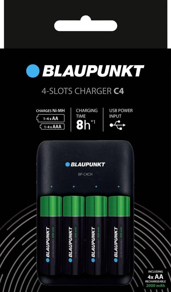 Blaupunkt Standardowa ładowarka do akumulatorów 1-4 Ni-MH, czas ładowania 8-10 godzin, w zestawie 4 akumulatory AA Blaupunkt