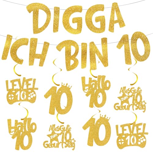 Deko 10 Geburtstag Girlande Junge Mädchen - Goldene 10. Geburtstagsdeko Digga ICH Bin 10 Banner Glitzer Hängende Wirbel für 10 Jahre Kindergeburtstag Dekoration