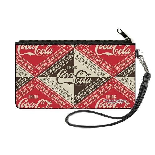 Buckle-Down Carteira The Coca-Cola Company, estojo com zíper, estampa 'Beba Coca-Cola Deliciosas e Refrescantes', em tons de vermelho, marrom e branco, feita de lona.