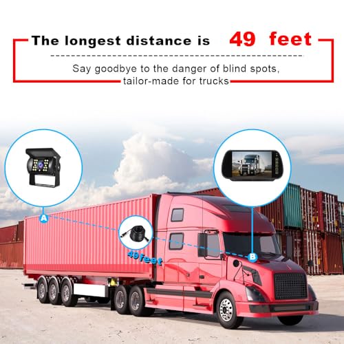 4Pin 7 Inch Rear View Mirror Monitor +18LEDs Night Vision Waterproof Reversing Backup Camera with 15M(49ft) Cable for 12V-24V Truck Caravam Trailer Motorhome - Image 4