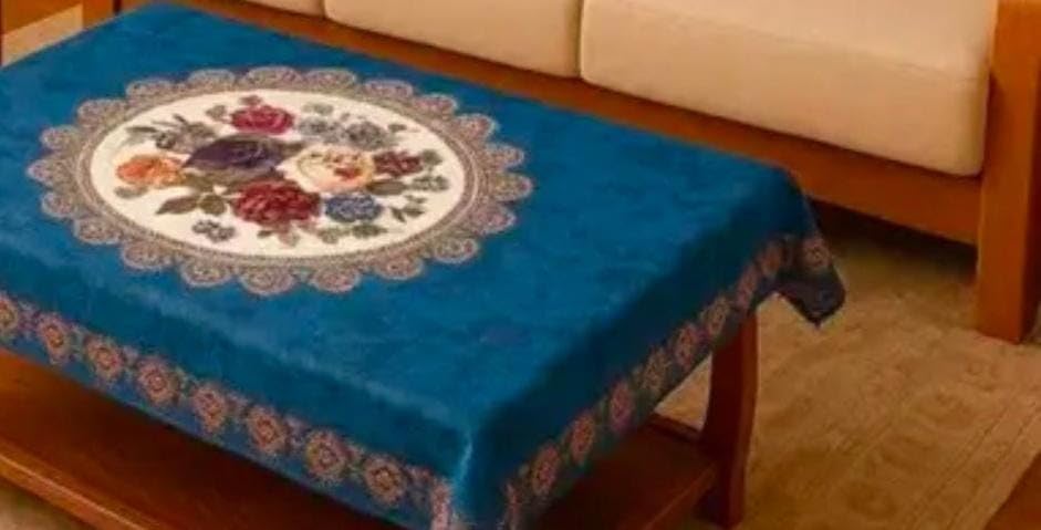 Image of Velvet Decorative Rectangular Table Cover with Traditional Design, Living Room Centre Table Cloth, Beige and Multicolour Size (36 * 56) (Blue Mandala t-c)