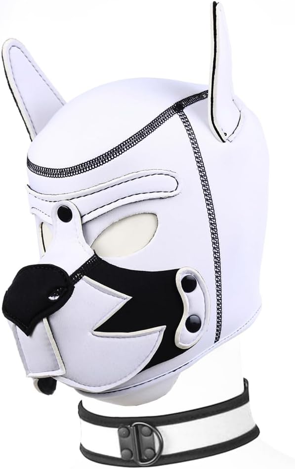Puppy Face Muzzle Neoprene Dog Hood Mask Play Hoods Black with Collar Choker (White)
