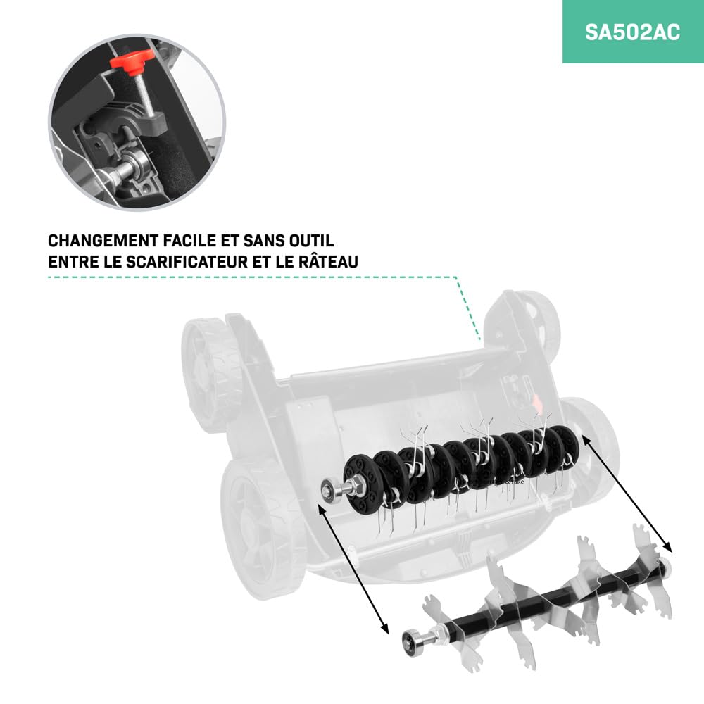 VONROC Scarificateur - Aérateur - 1500W - largeur de coupe 36 cm - 5 réglages : 4 réglages de profondeur de coupe (12/9/6/3 mm) + 1 mode transport (+10mm) - bac de ramassage 45L inclus