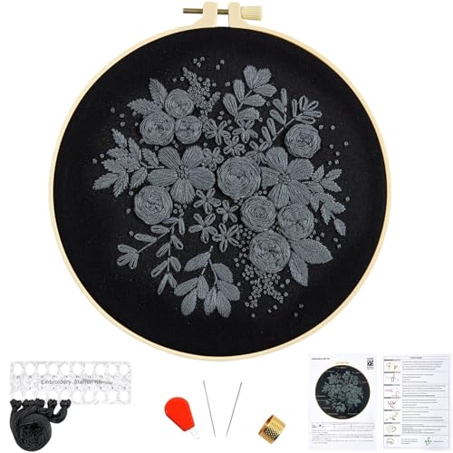 Image of Crafmanoe Embroidery Kits for Beginners Adults, Black Flowers Embroidery Starter Kits, Counted Cross Stitch Kits for Beginners Adults Hobbies Set for Women, Embroidery Hoops, Thread and Video Tutorial