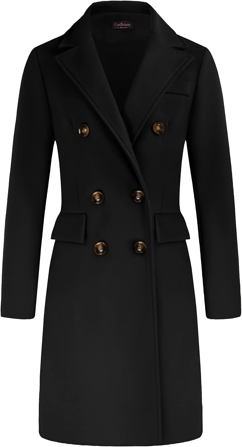 Womens Double Breasted Long Pea Coat Elegant Notched Winter Overcoat
