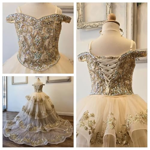 Luxury Flower Girl Dress with Gold Floral Butterfly Party Ball Gowns Beaded Sequin Mini Quinceanera Dresses for Girls4