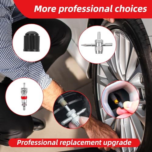 Image of 44PCS Tire Valve Stem Tool, Spool Installation and Valve Core Removal Tools, 4 Way Valves Puller Tool, Stem Cover Caps for All Types of Tires