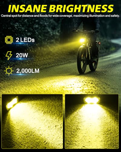 Image of 2 Pin Male Yellow Headlight for Rad Power Bikes Vamoose Mammoth | High Intensity CREE LEDs, Spot Flood Combo Beam, 3000K Yellow 20W Waterproof E-Bike Light, Check Connector Before Purchase.