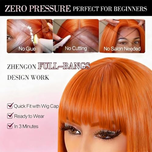 Image of ZHENGON 350 Ginger Orange Bob Human Hair Wig with Bangs Silky Straight Glueless Wigs Human Hair 180% Density Bob Wig with Bangs None Lace Machine Made Wigs for Black Women 12Inch