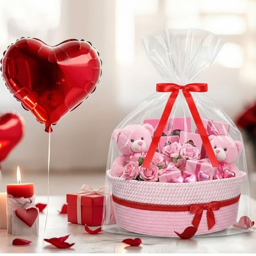 Image of Colingmill 1 Set Woven Basket for Gift Empty with Cellophane Wrap Set 14 x 10 x 5.5 Inch, Medium Decorative Gift Basket Empty to Fill, Cotton Rope Storage Box Decor (Pink Red)