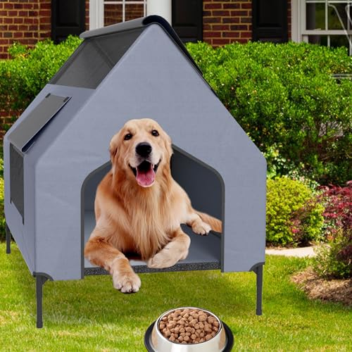 UISEBRT 2 in 1 Hundeliege überdacht & erhöhtes Hundebett mit abnehmbarem Deckel, Outdoor Hundezelt hundehütte für kleine und mittelgroße Hunde bis 80 kg, ideal für Garten, 130 x 84 x 104 cm