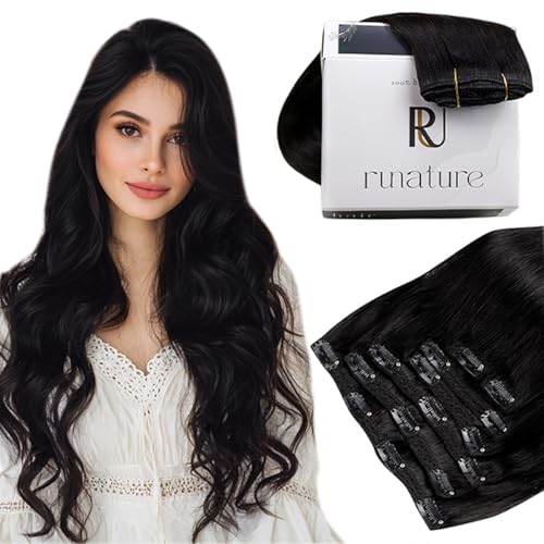 RUNATURE Black Clip in Hair Extensions Real Human Hair Clip