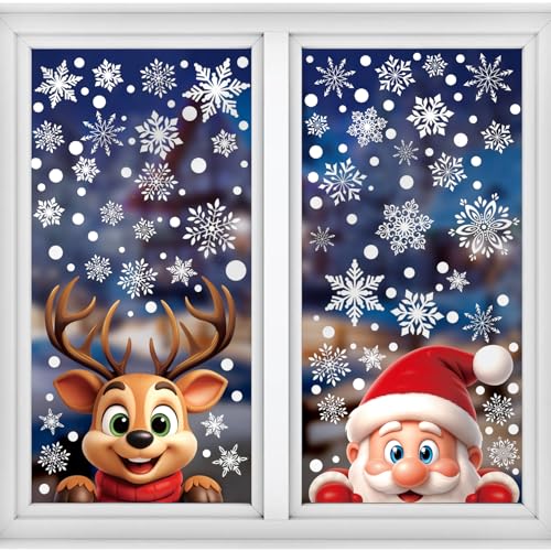 FINGOOO 298pieces Christmas Peeping Santa and Rudolph Window Stickers, 3D Xmas Window Clings Snowflake Decal for Xmas Window Decoration