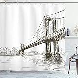 Ambesonne New York Shower Curtain, Digital Drawn Brooklyn Bridge Unusual Graffiti Style Old Urban Cityscape Print, Cloth Fabric Bathroom Decor Set with Hooks, 69' W x 70' L, Brown White