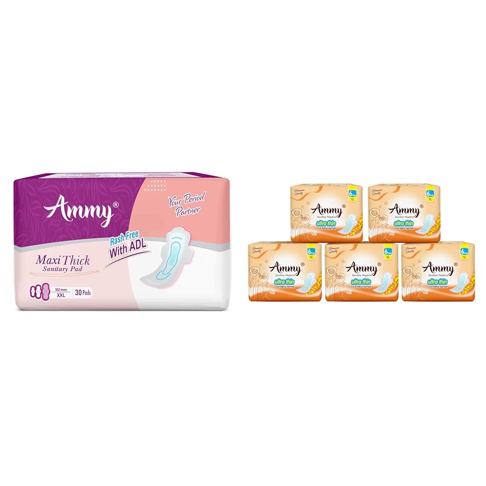 Ammy Super Absorbent Maxi Thick Sanitary Pads - 30 Pcs XXL for Heavy Flow | Cottony Soft, Rash Free, Leak Lock with 6-Layer Shield & Active Flow Layer | Pack of 1|Ammy Super Absorbent Ultra Thin-image-1